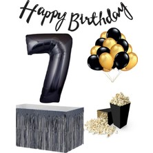 Parti Furyası 7 Yaş Siyah  Balon Rakam Folyo Banner Mısır Kutusu Masa Eteği Doğum Günü Parti Seti