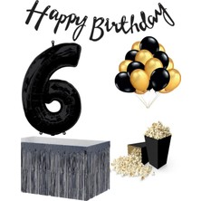 Parti Furyası 6 Yaş Siyah  Balon Rakam Folyo Banner Mısır Kutusu Masa Eteği Doğum Günü Parti Seti