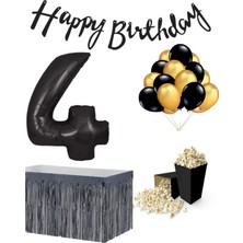 Parti Furyası 4 Yaş Siyah   Balon Rakam Folyo Banner Mısır Kutusu Masa Eteği Doğum Günü Parti Seti