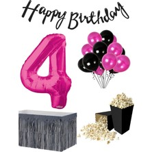 Parti Furyası 4 Yaş Pembe   Balon Rakam Folyo Banner Mısır Kutusu Masa Eteği Doğum Günü Parti Seti