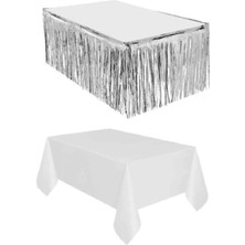 Parti Furyası Gümüş Metalize Masa Eteği  Tek Kullanımlık Plastik Beyaz Masa Örtüsü 120×180 cm