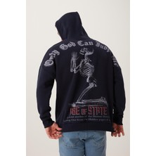 Polo State Erkek 3 İplik Pamuklu İçi Polarlı Ön Arka Baskılı Oversize Kapüşonlu Lacivert Sweatshirt