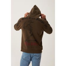 Polo State Erkek 3 İplik Pamuklu İçi Polarlı Ön Arka Baskılı Oversize Kapüşonlu Haki Sweatshirt