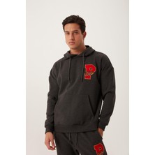 Polo State Erkek 3 İplik Pamuklu İçi Polarlı Oversize Nakışlı Kapüşonlu Kanguru Cepli Antrasit Sweatshirt
