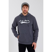 Polo State Erkek 3 İplik Pamuklu İçi Polarlı Baskılı Regular Fit Kapüşonlu Kanguru Cepli Antrasit Sweatshirt