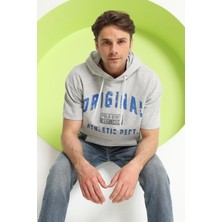 Polo State Baskılı Oversize Kapüşonlu Erkek T-Shirt Gri Melanj