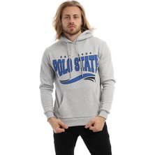 Polo State Erkek 3 İplik Pamuklu İçi Polarlı Regular Fit Baskılı Kapüşonlu Kanguru Cepli Gri Sweatshirt