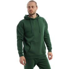 Polo State Erkek 3 İplik Pamuklu İçi Polarlı Oversize Kapüşonlu Kanguru Cepli Yeşil Sweatshirt