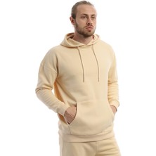 Polo State Erkek 3 İplik Pamuklu İçi Polarlı Oversize Kapüşonlu Kanguru Cepli Krem Sweatshirt