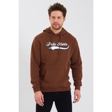 Polo State Erkek 3 İplik Pamuklu İçi Polarlı Baskılı Regular Fit Kapüşonlu Kanguru Cepli Kahverengi Sweatshirt