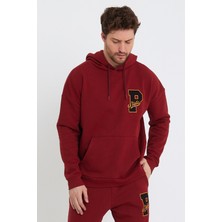 Polo State Erkek 3 İplik Pamuklu İçi Polarlı Oversize Nakışlı Kapüşonlu Kanguru Cepli Bordo Sweatshirt