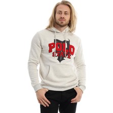 Polo State Erkek 3 İplik Pamuklu İçi Polarlı Süzine Nakışlı Regular Fit Kapüşonlu Kanguru Cepli Kar Melanj Sweatshirt