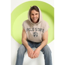 Polo State Erkek Sıfır Kol Kapüşonlu T-Shirt Bej