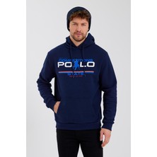 Polo State Erkek Kapüşonlu Baskılı 3 İplik Sweatshirt Lacivert