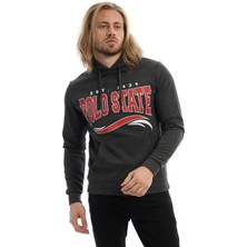 Polo State Erkek 3 İplik Pamuklu İçi Polarlı Regular Fit Baskılı Kapüşonlu Kanguru Cepli Antrasit Sweatshirt