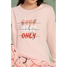 Bsm Kadın Yüksek Kalite Sıfır Yaka Pamuklu Ekose Desen Uzun Kol Somon Pijama Takımı