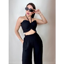 Mimi Fashiontr Keten Crop Pantolon Takım