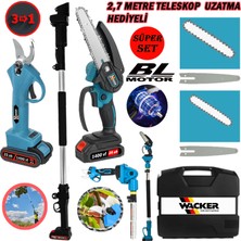 Wacker Alman 2'li Set Blue 1400 Vf 25 Ah 2 Akülü Bağ Makası + Zincirli Dal Budama Makinası + 2.7 Metre Teleskopik Uzatma