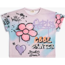 Koton Crop Tişört Grafiti Baskılı Kısa Kollu Bisiklet Yaka