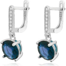 Safir Taşlı Tektaş Pırlanta Sallantılı Kadın Gümüş 9 mm Küpe