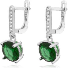 Zümrüt Taşlı Tektaş Pırlanta Sallantılı Kadın Gümüş 9 mm Küpe