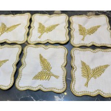 Teksev Palmiye Yaprak Gold 6'lı Kokteyl Sunum Peçetesi Linen Keten Kumaş Üzeri Nakışlı Sunumluk