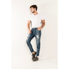 Gabbia Denim 0020 Süper Slim Fit Mavi Yıkamalı Yırtıklı Boyalı Rahat Denim Erkek Jeans