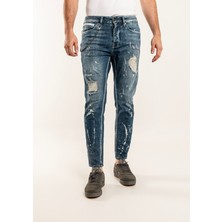 Gabbia Denim 0020 Süper Slim Fit Mavi Yıkamalı Yırtıklı Boyalı Rahat Denim Erkek Jeans