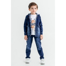 Cansın Mini Erkek Çocuk Yazı Baskılı Tişörtlü Kapşonlu Ceketli Lacivert Jean Takım 17721