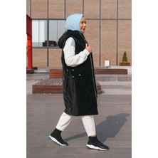Minel Kadın Yakası Kürklü Lastik Detaylı Kapitone Yelek MNL-025Y Siyah