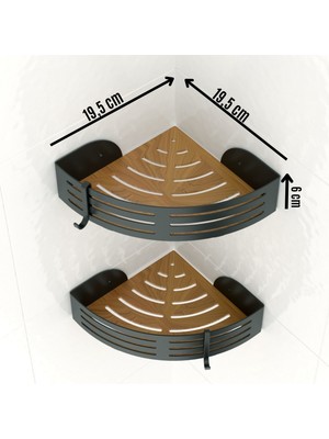 Teknotel Paslanmaz Kancalı Banyo Köşe Rafı Siyah + Ahşap Desenli Taban BK269H