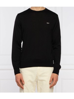 Paul & Shark  Erkek %100 Yün Marka Logolu Uzun Kollu Bisiklet Yaka Siyah Kazak C0P1094-011