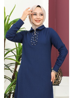 Moda Ebva Taş ve Inci Detaylı Tesettür TUNIK-3162 Indigo