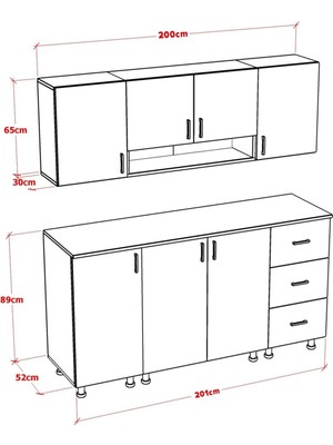 Mobideko Azura Alt Üst Modül Mutfak Dolabı Çekmeceli 200 cm (Tezgah Dahil)