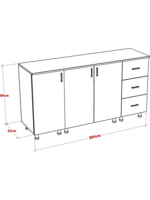 Mobideko Zenti Alt Modül Mutfak Dolabı Çekmeceli 200 cm (Tezgah Dahil)