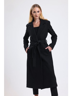 Sense Yırtmaç Detaylı Kuşaklı Uzun Kaşe Kaban | KBN34637