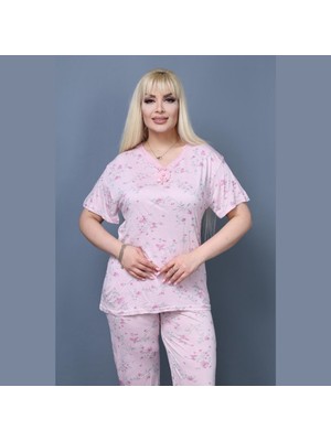 Berel Giyim Pembe Renginde Çiçek Desenli Kısa Kollu Büyük Beden Pijama Takımı