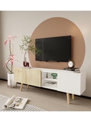 VM VERTEX MOBİLYA Milano Ahşap Ayaklı Modern Tv Ünitesi 160 cm Safir Meşe - Beyaz