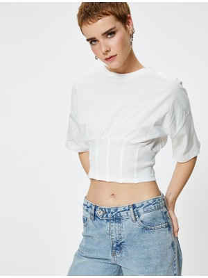 Koton Crop Korse Detaylı Tişört Kısa Kollu Bisiklet Yaka Pamuklu