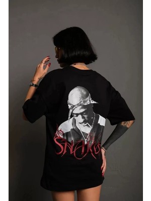 Belirtilmemiş Kadın Baskılı T-Shirt Oversize Kısa kol Bisiklet yaka tişort- Siyah