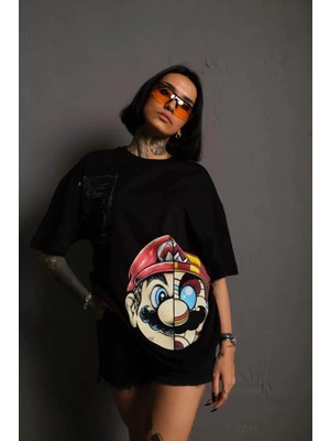 Özel Marka Kadın Mario Baskılı Oversize T-Shirt - Siyah