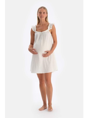 Dagi Beyaz Fırfırlı Patlı Müslin Hamile Gecelik