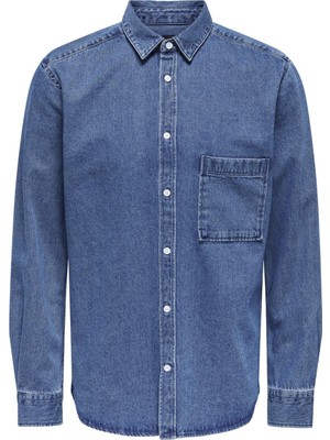 Only & Sons Rahat Koyu Mavi Erkek Denim Gömlek Onsbenny Reg Chambray Ls Shırt