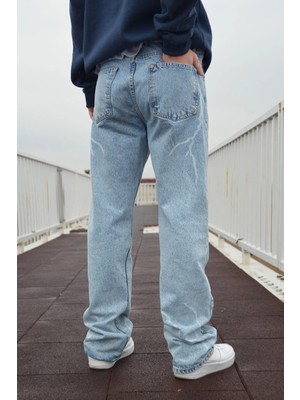 Kaizer Denim Erkek Buz Mavi Baggy Pantolon Desenli Rahat Kalıp Günlük Stil 38 Beden