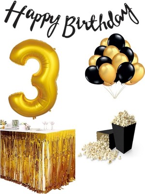 Parti Furyası 3 Yaş Gold-Siyah   Balon Rakam Folyo Banner Mısır Kutusu Masa Eteği Doğum Günü Parti Seti