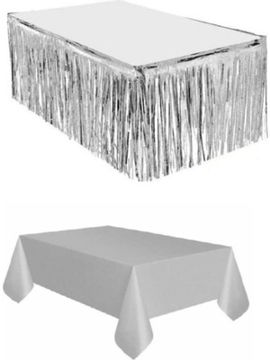 Parti Furyası Gümüş Metalize Masa Etegi + Plastik Gümüş Masa Örtüsü