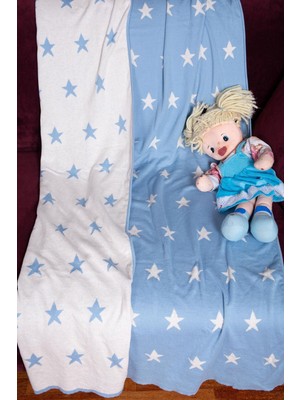 %100 Pamuk Yıldız Desenli Bebek Battaniye 100x160  - MAVI_EKRU