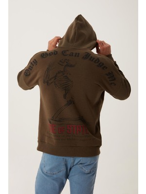 Polo State Erkek 3 İplik Pamuklu İçi Polarlı Ön Arka Baskılı Oversize Kapüşonlu Haki Sweatshirt