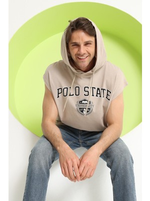 Polo State Erkek Sıfır Kol Kapüşonlu T-Shirt Bej