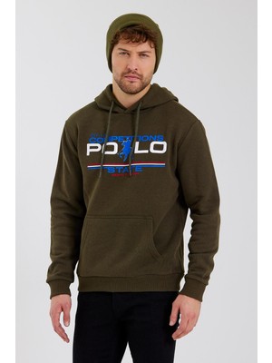 Polo State Erkek Kapüşonlu Baskılı 3 İplik Sweatshirt Haki